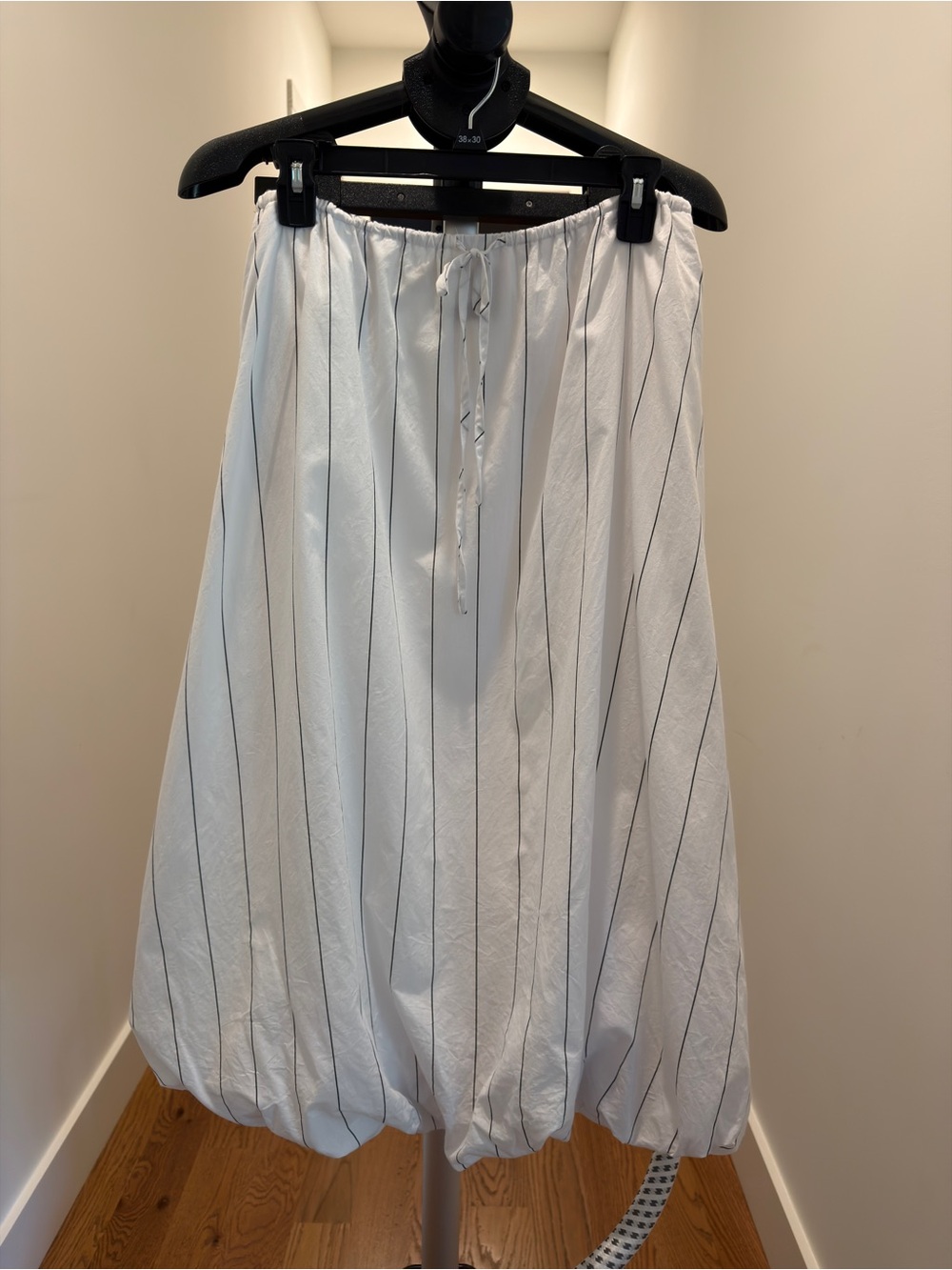 Emerson Lang Striped White Balloon Midi Skirt with Drawstring Waist